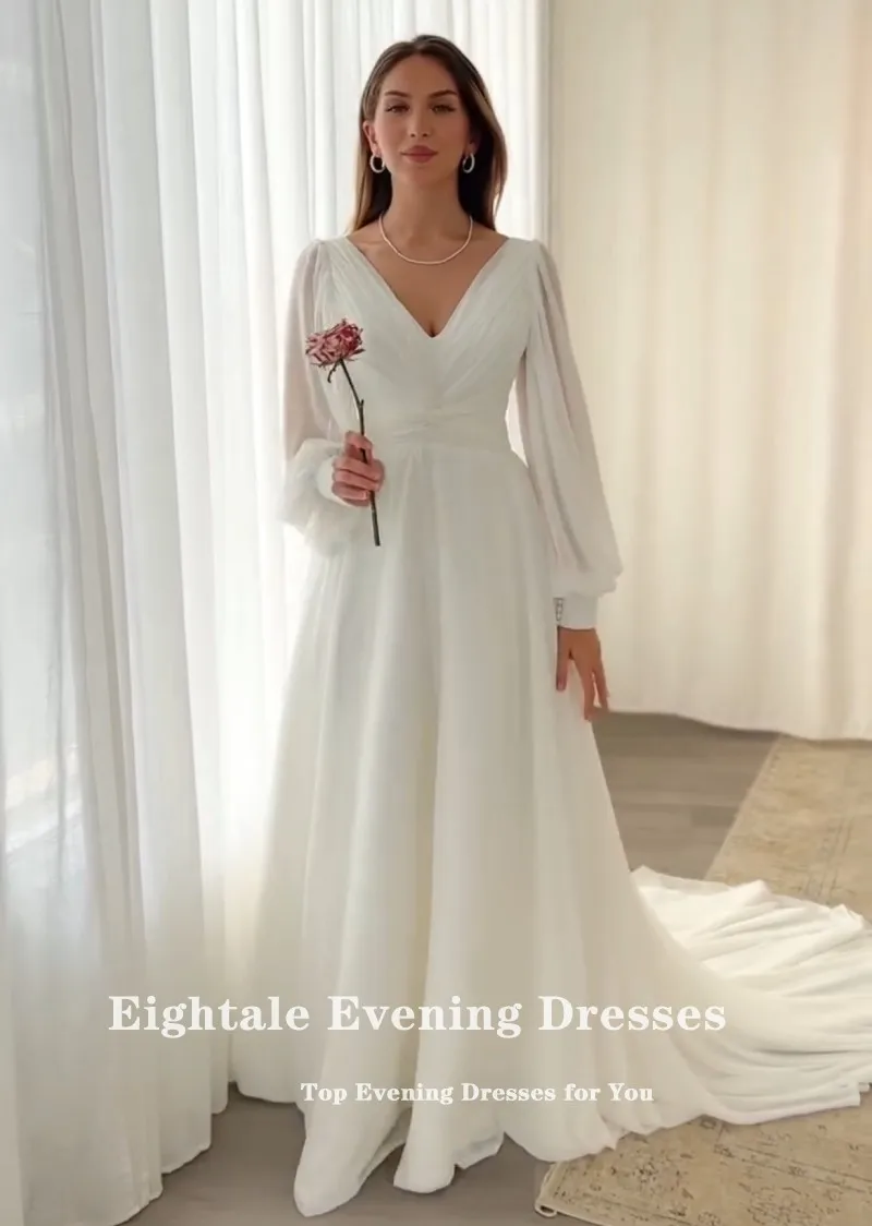 Eightale Boho Wedding Dress V-Neck Long Sleeves Chiffon A-Line Pleats Princess Customized Bridal Gowns Vestidos De Novia