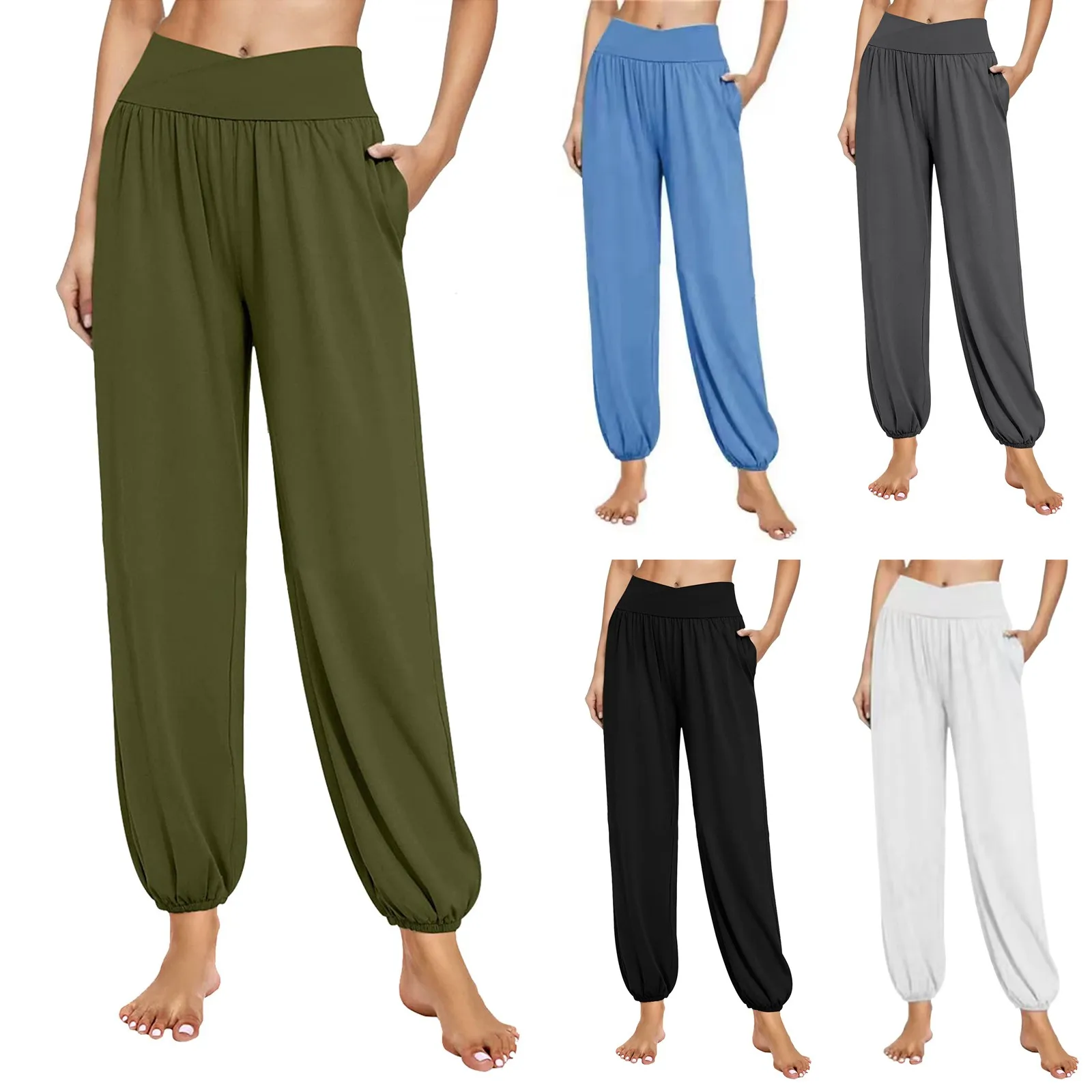 Pantalones Women'S Pencil Pants Solid Color Crossed High Elastic Waist Yoga Pants With Pocket Summer New 2024 Ankle-Length Pants