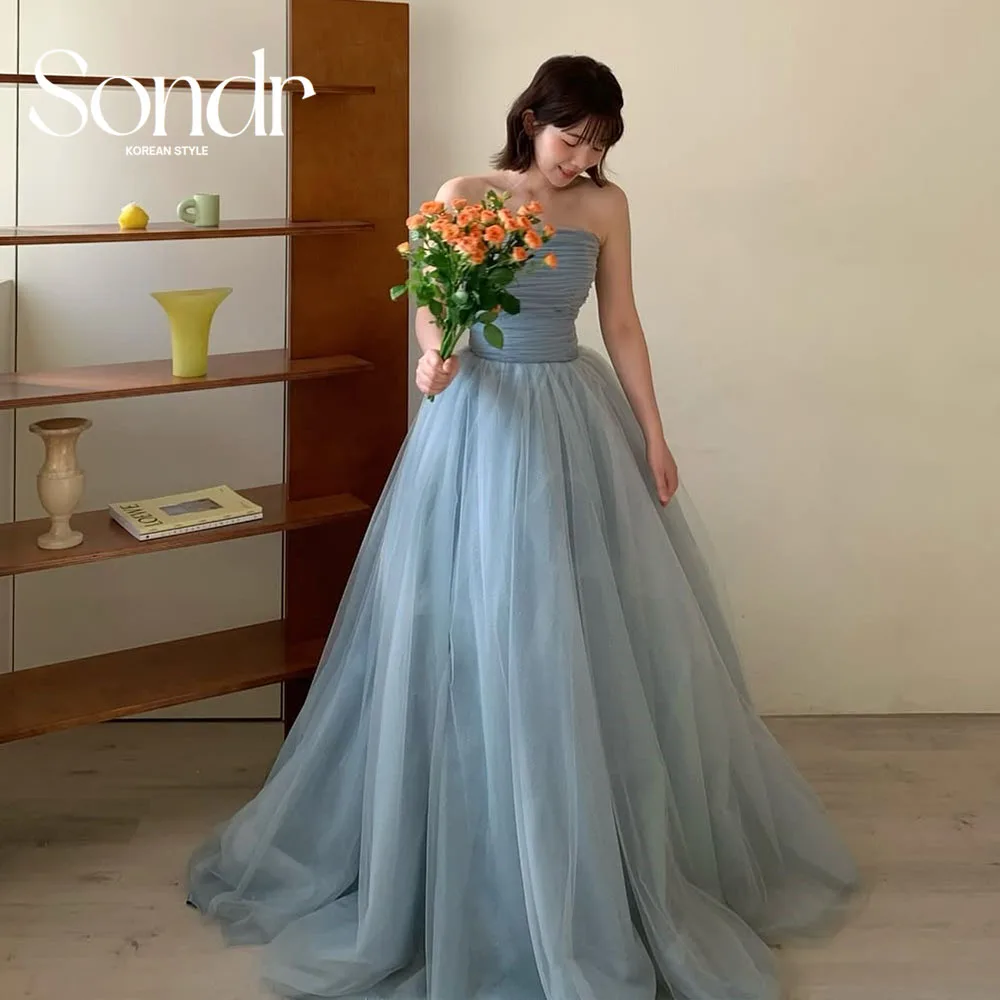 

Sondr Sky Blue Japanese Luxury Wedding Party Dresses Women Strapless Soft Tulle Evening Gown Customized Prom Party Gown 2026
