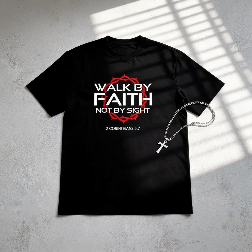 Jesus Walk By Faith Christian T-Shirt Round Neck Short Sleeve T-Shirt Women's Men's Graphic Tee Women's Men Graphic Tee