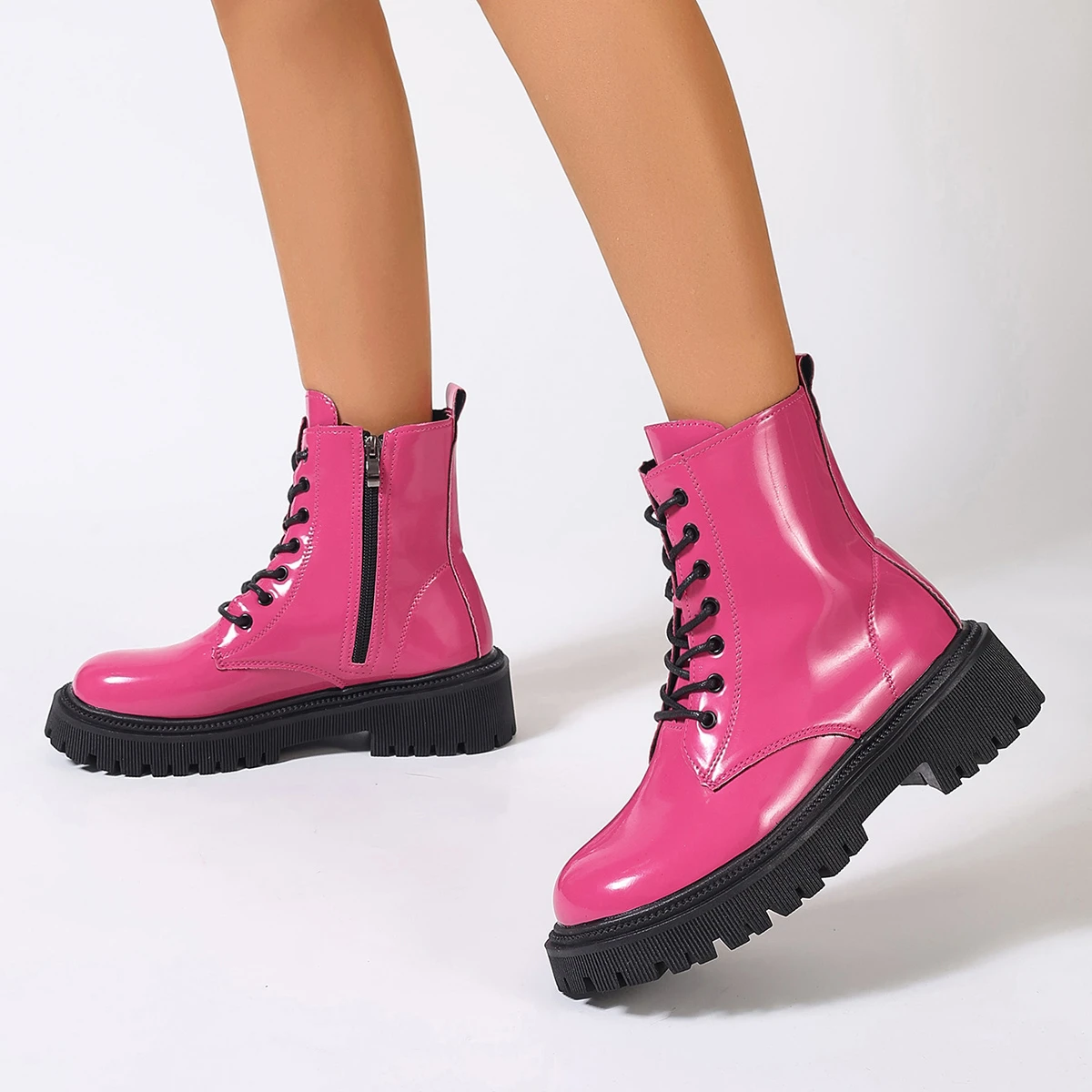 Pink Ankle Boots Woman Patent Leather Platform Motorcycle Boots Woman Plus Size Lace Up Shoes Thick Heels Zipper Short Booties