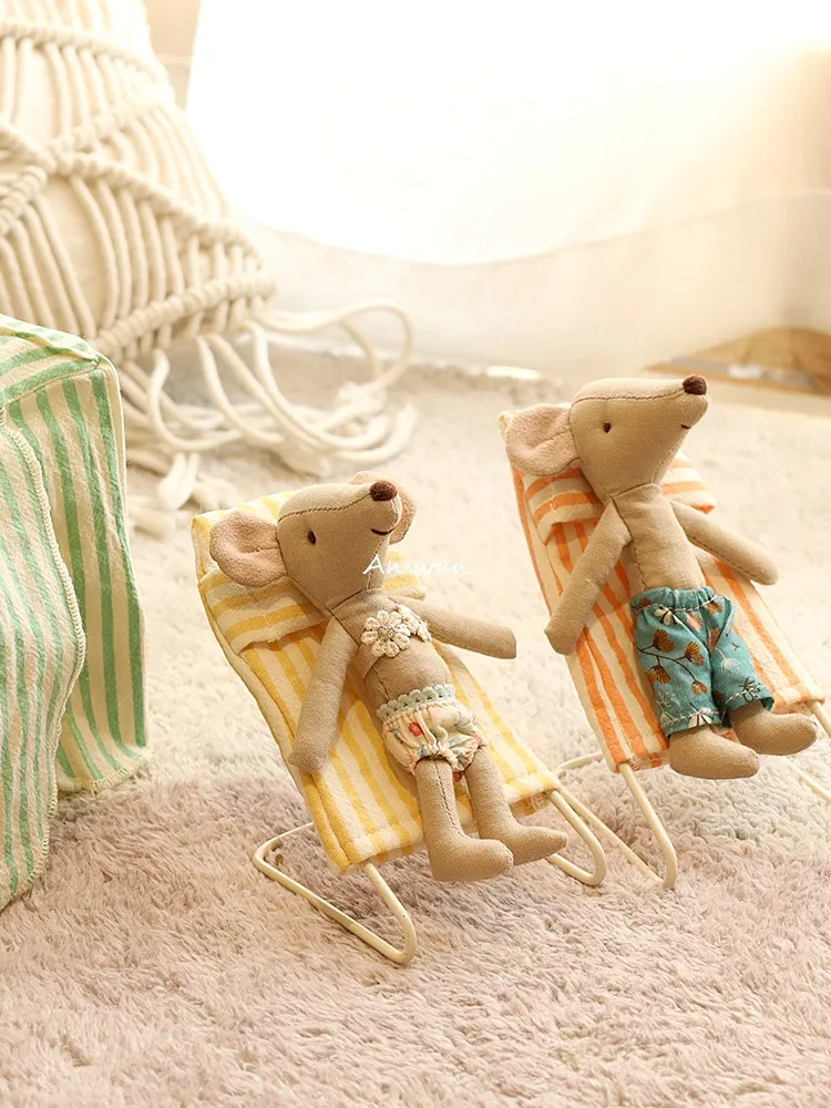 Beach Mice Plushie with Tent Chair Handmade Cute Little Mouse Stuffed Cloth Toys Dollhouse Mini Doll Soft Doll