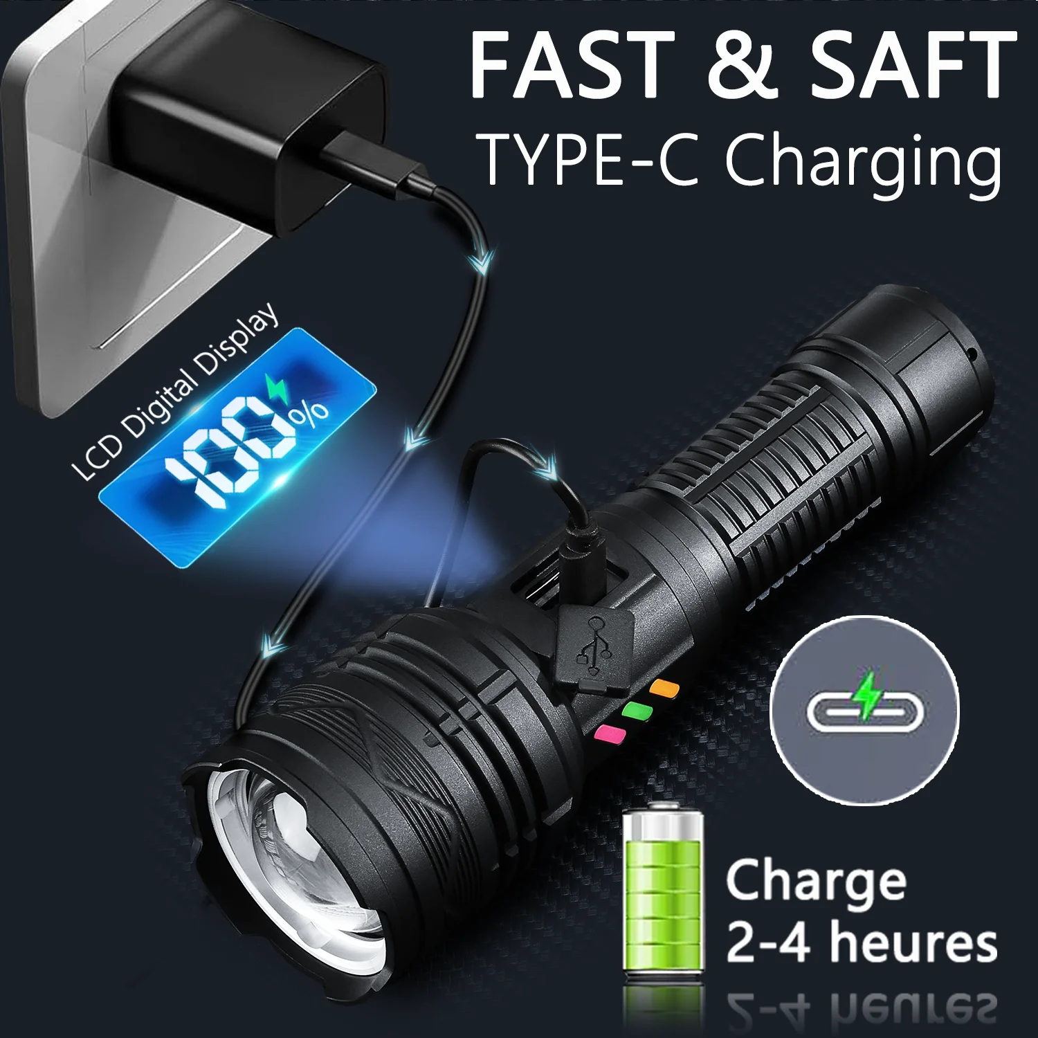 عالية الطاقة التكتيكية الشعلة أقوى مصباح ليد جيب طلقة طويلة فانوس زوومابلي للتخييم في الهواء الطلق المدمج في بطارية 26650 #6