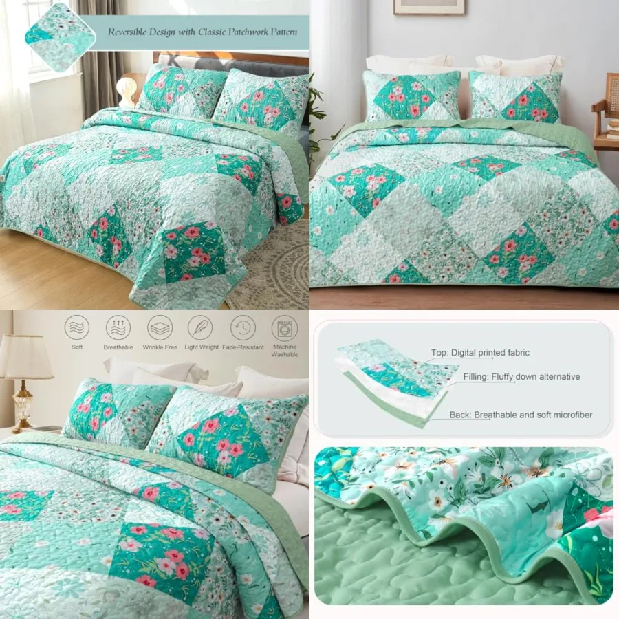 

Patchwork Quilts Queen Size, Extra Soft Boho Floral Bedspreads for Bed Reversible Lightweight Full Queen Quilt Bedding Set Prin