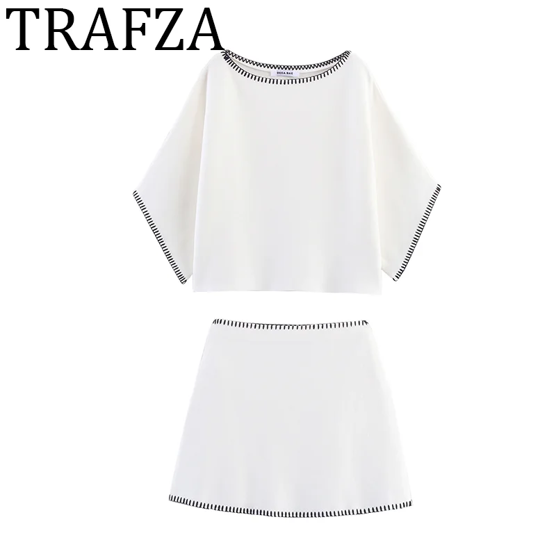TRAFZA Woman 2025 Contrast Embroidered Knit Top+Knit Short Skirt New Two Piece Set White Elegant Women's Suits Lady Chic Outfit