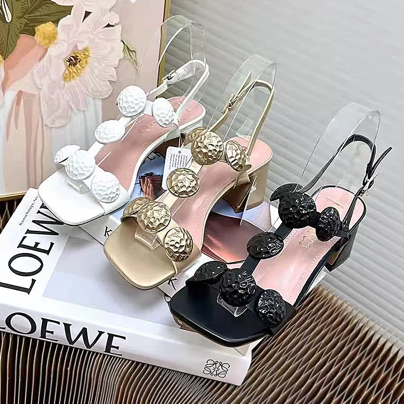 

Women's Sandals Summer 2026 Design Solid Emboss Golden Luxury High Heels Fashion Square Head Wedge Open-toed Womens Shoes