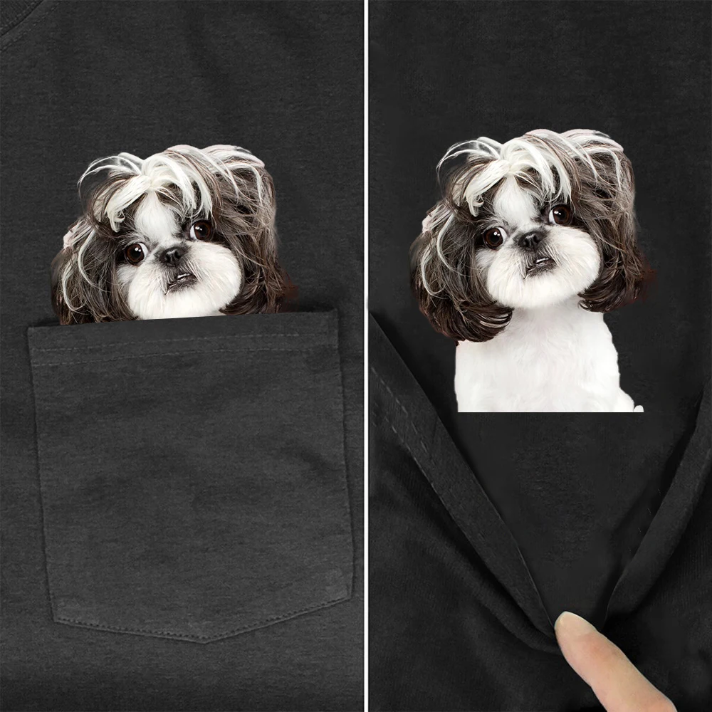 CLOOCL Black Cotton T-shirts Fashion Brand Shih Tzu Art Printed Pocket Tops Hip Hop Tees Short Sleeve Woman Tshirts