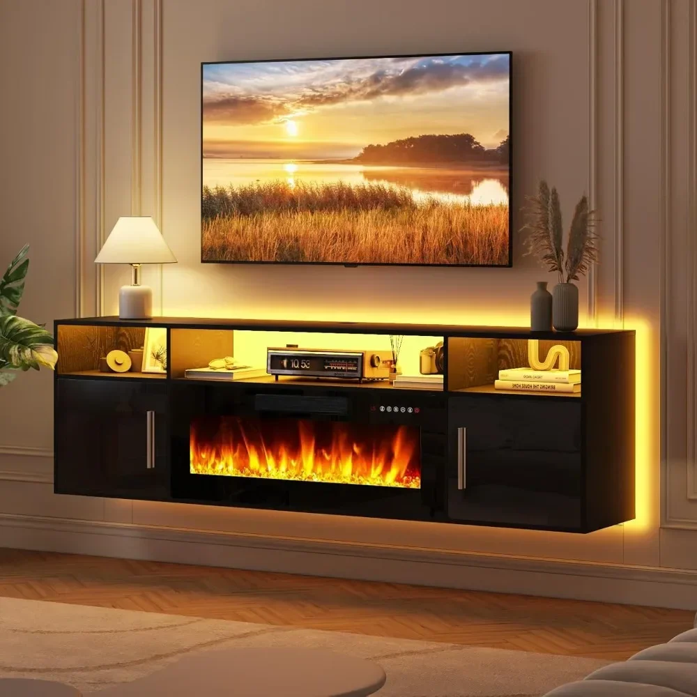 TV Stand 70'' with LED Light and Storage  & Highlight Cabinet, Floating Fireplace Modern Wood Media TV Console