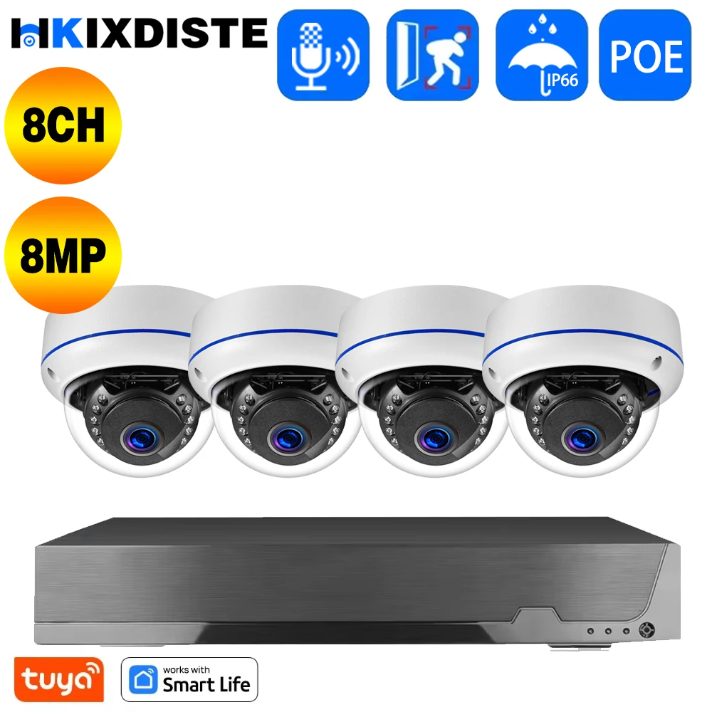 

4K 8MP Безопасность 4K POE NVR Открытый POE Аудио Купольная Камера Система Видеонаблюдения Комплект Домашняя IP-камера CCTV Набор Tuya Умный Дом