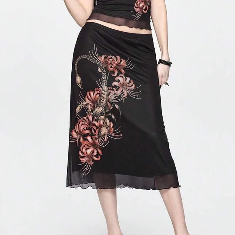 

Gothic Sexy Women Scorpion Flower Printing Trend Straight Skirt Personality Vintage American Temperament Casual Aesthetic Skirt