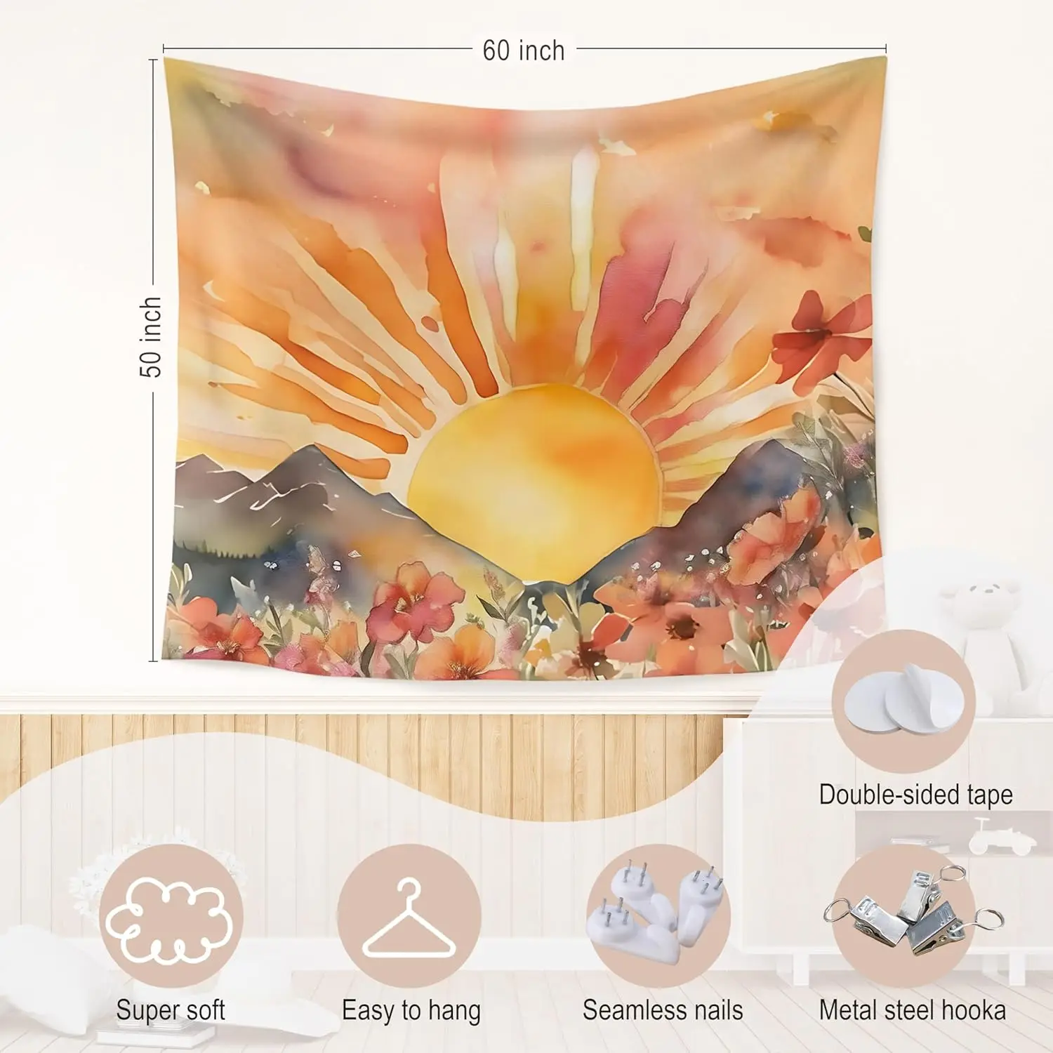 Sunset Mountain Tapestry - Watercolor Flower Wall Art, Boho Nature Decor, Warm Tone Bedroom, Multiple Sizes