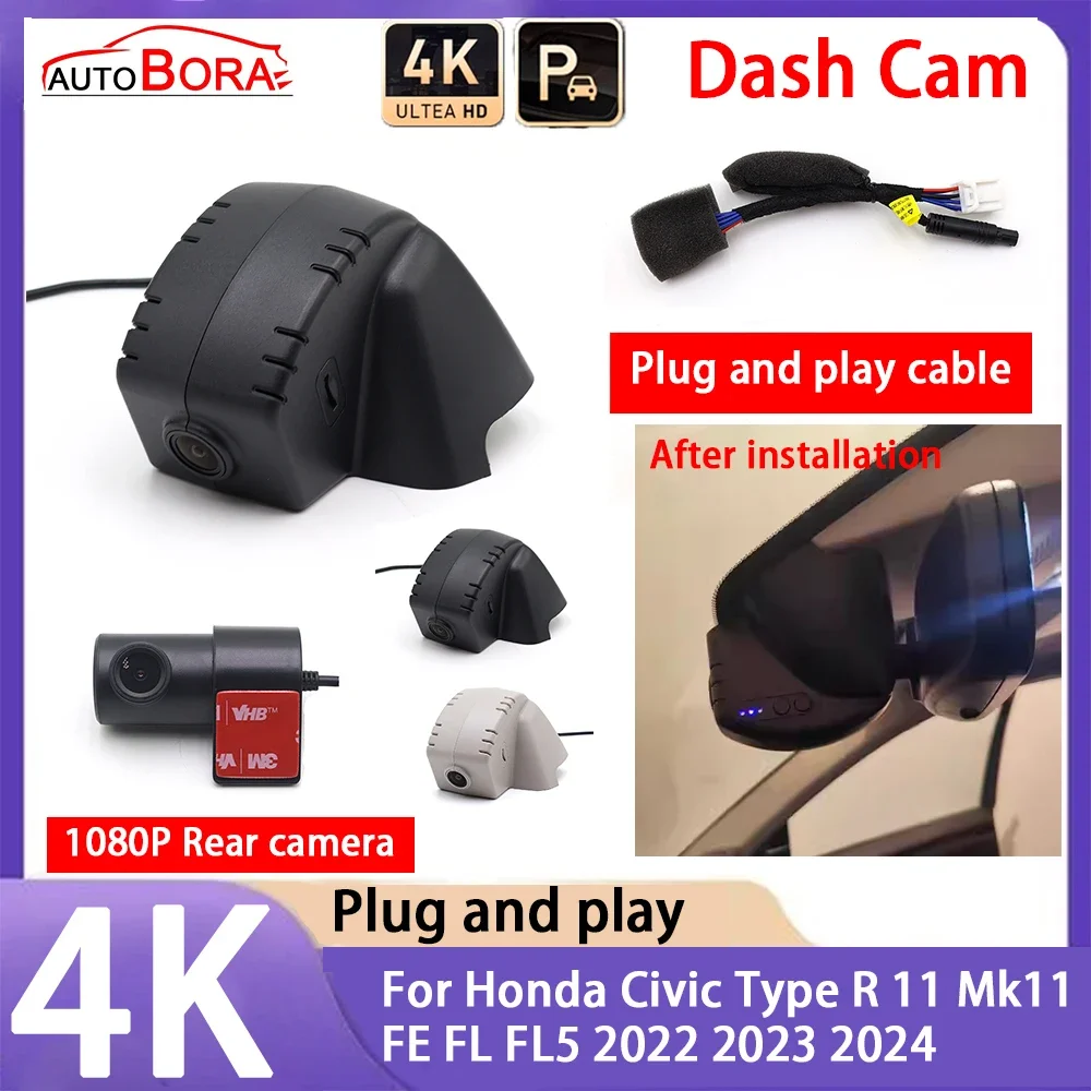 

AutoBora 4K 2160P Plug and Play UHD Car Dash Cam DVR Camera Night Vision for Honda Civic Type R 11 Mk11 FE FL FL5 2022 2023 2024