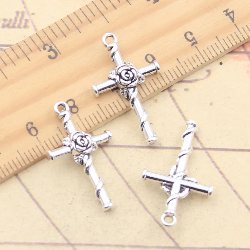 20pcs Charms Cross Rose Flower 26x15mm Tibetan Silver Color Pendants Antique Jewelry Making DIY Handmade Craft