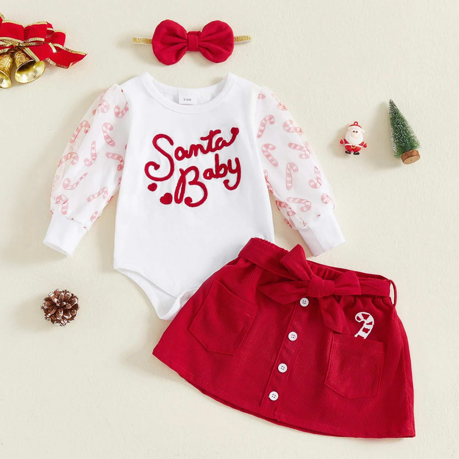 

Рождественские наряды для маленьких девочек, комбинезон с длинными рукавами и вышивкой букв, юбка, повязка на голову с бантом, комплект из 3 предметов для детей 0-18 месяцев