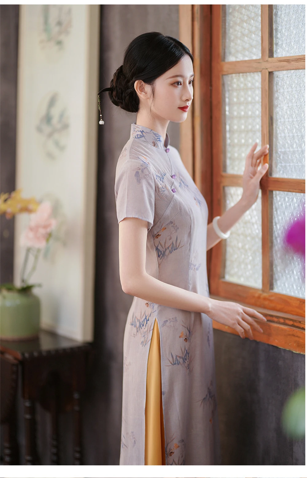 Light Purple AoDai Cheongsam Female Summer Chinese Style Improved High Split Qipao Dress Daily Elegant Long Tea Costume Chinoise