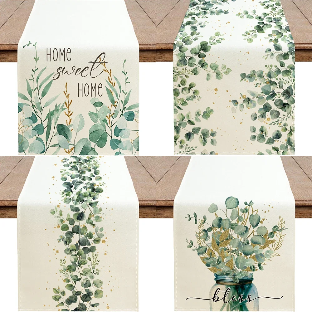 1pc Eukalyptus Blatt Tisch Läufer Frühling Grün Eukalyptus Blatt Muster Tisch Dekor Willkommen Tinte Tisch Läufer Schränke Wohnkultur