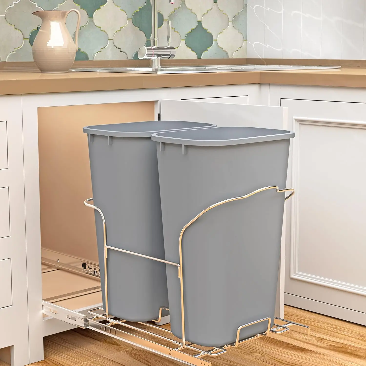 Double Trash Can Cabinet Pull Out, 2 x 35L (18.5 Gallon) Soft Close Pull Out Trash Can Under Sink Garbage Can Slide Out