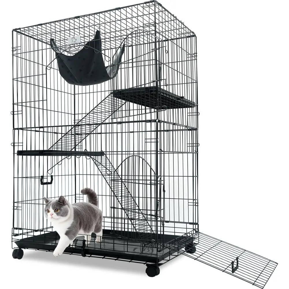 

51 Inch Cat Cages Indoor, 3-Tier Cat Crates for Indoor Cats, Collapsible Metal Wire Large Cat Kennel Big Multi-Level Kitten Crat
