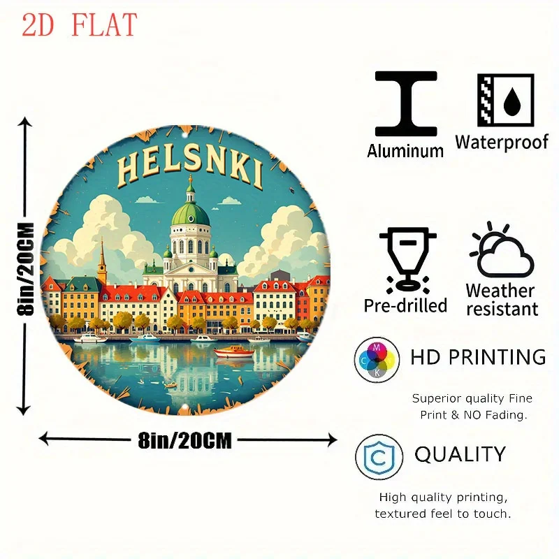 1pc Helsinki Finland Map Wall Art - 20.32 cm Round Aluminum Metal Sign with Helsinki Cathedral, Senate Square & Swedish Design -