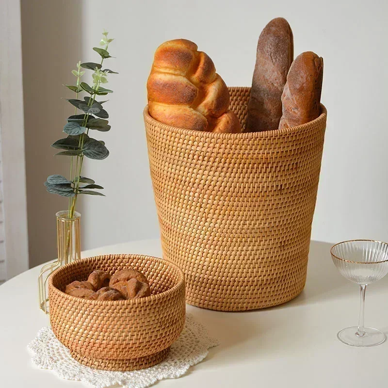 

Handwoven Rattan Basket Round Storage Bucket Bread and Fruit Storage Baskets Household Desktop Sundries Organizer Plant Basket