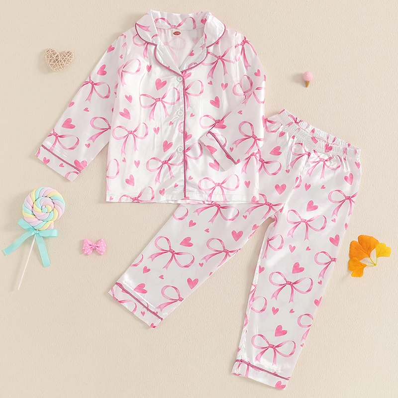 3–7 Jahre Kinder-Mädchen-Pyjama-Set, süßer Herz-Schleifen-Aufdruck, langärmliges Hemd und elastische Hose, 2-teilig, für Loungewear-Nachtwäsche