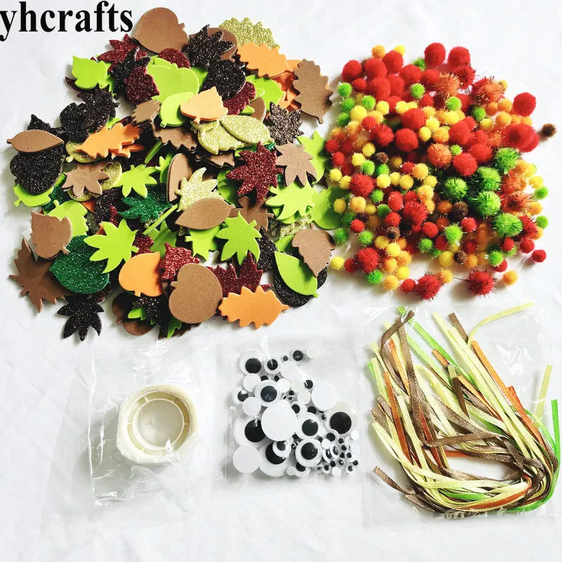 324PCS/Lot Leaves foam stickereyeball ribbon pompoms craft material Thanksgiving Day arts and crafts Harvest Festival decoration