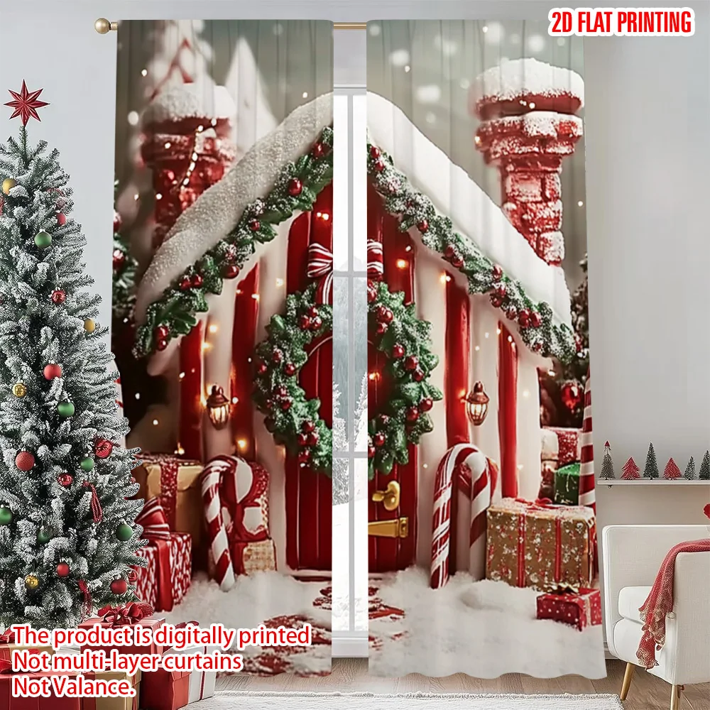 

2pcs 2D flat printing Christmas Curtain Candy House Christmas Durable 100% Polyester Fabric Without Electricity Festive Wall