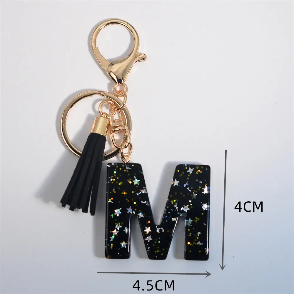 Mystery Black 26 Letters Key Chain Shine Stars Sequins Resin Keyring For Car Holder Tassel Keychains Women Handbag Charms