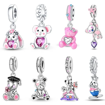 925er Silber vergoldete Farbe Hase Kaninchen Süßigkeiten Bär Charms Anhänger passen Pandora 925 Original Armbänder für DIY Schmuckherstellung Geschenk