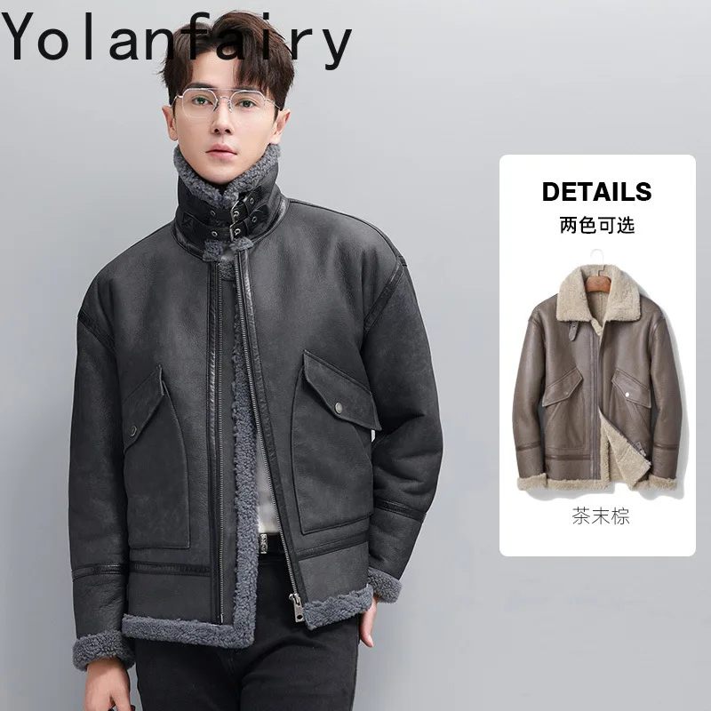 YOLANFAIRY Natural Sheepskin Shearling Coat Men Genuine Leather Jacket Warm Winter Real Lamb Fur Coats and Jackets Outerwear view 4