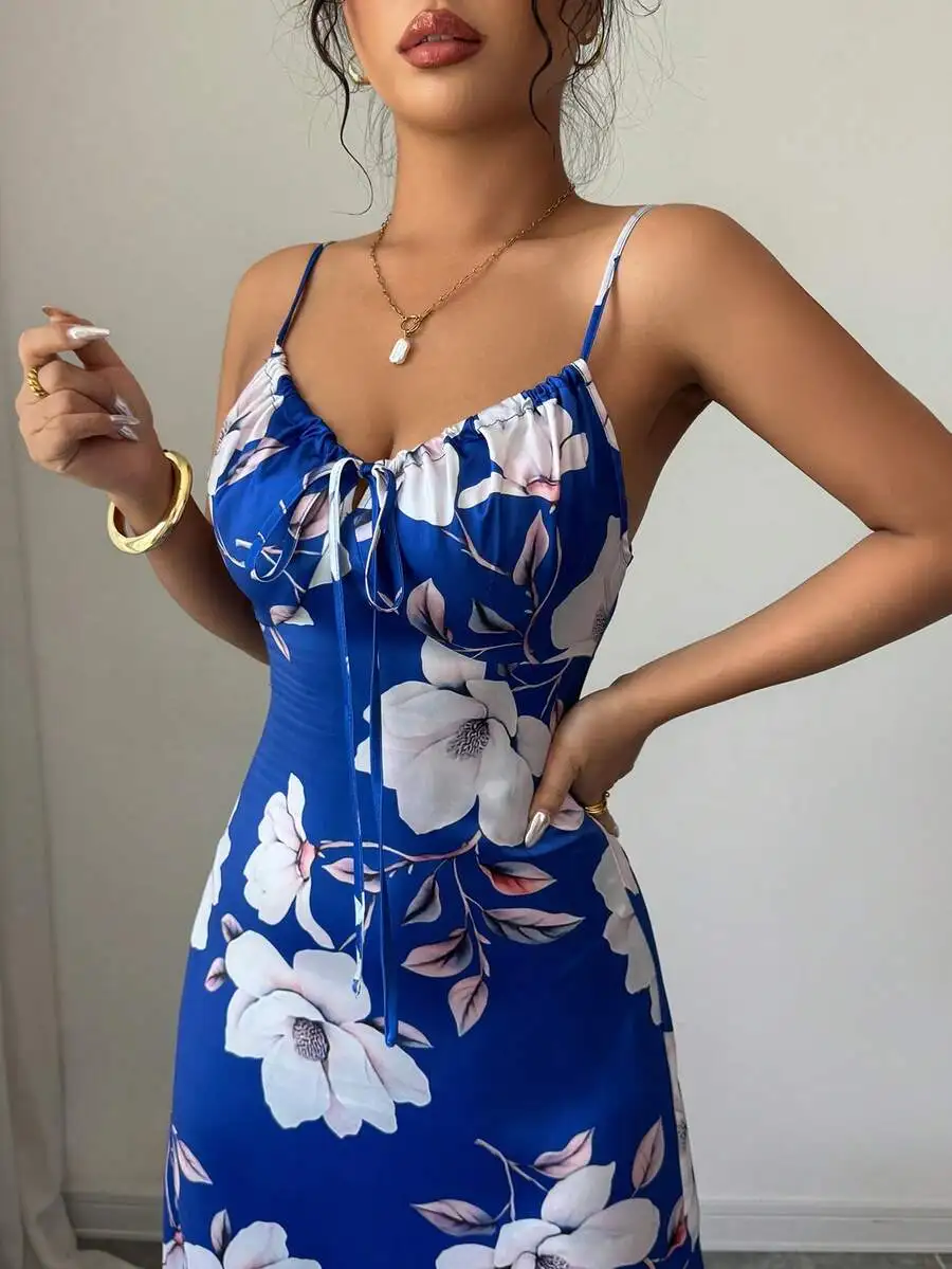 

Elegant Floral Print Satin Spaghetti Strap Maxi Dress For Women