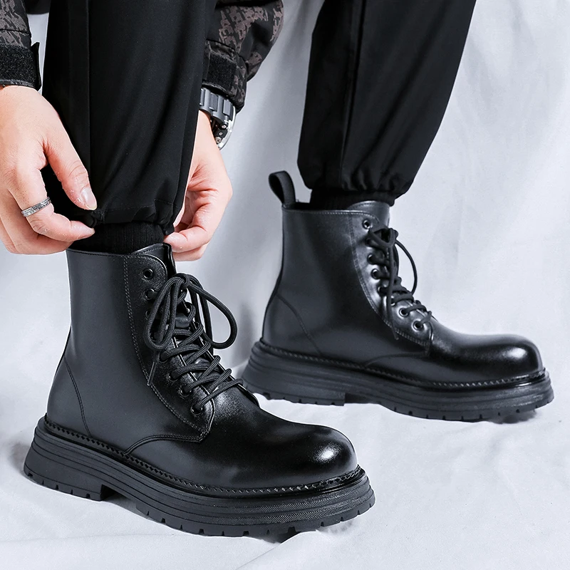 

Men High Top Boots PU Thick Soled Motorcycle Boots Classic Comfortable Men Workwear Boots