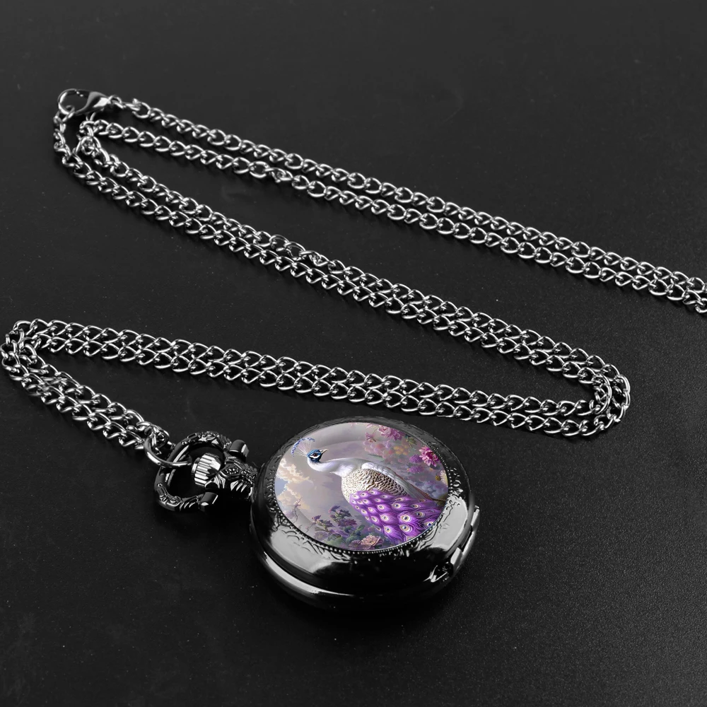 Purple Peacock Design Glass Dome Fashion Arabic Numerals Quartz Pocket Watch Necklace Pendant Chain Mens Women Gifts