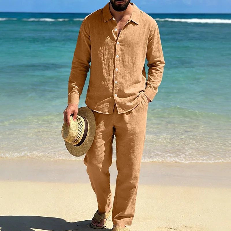

Мужской льняной комплект из 2 предметов: рубашка с длинным рукавом на пуговицах и брюки на шнурке, повседневный дышащий пляжный костюм для лета