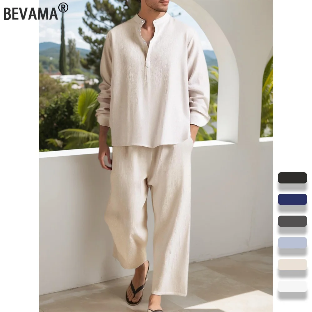 

Men's Long Sleeve Shirt and Pants Suits Summer Solid Color Casual Tracksuit Beach Hawaiian Vacation Shirt Sweatpants 2 Pieces