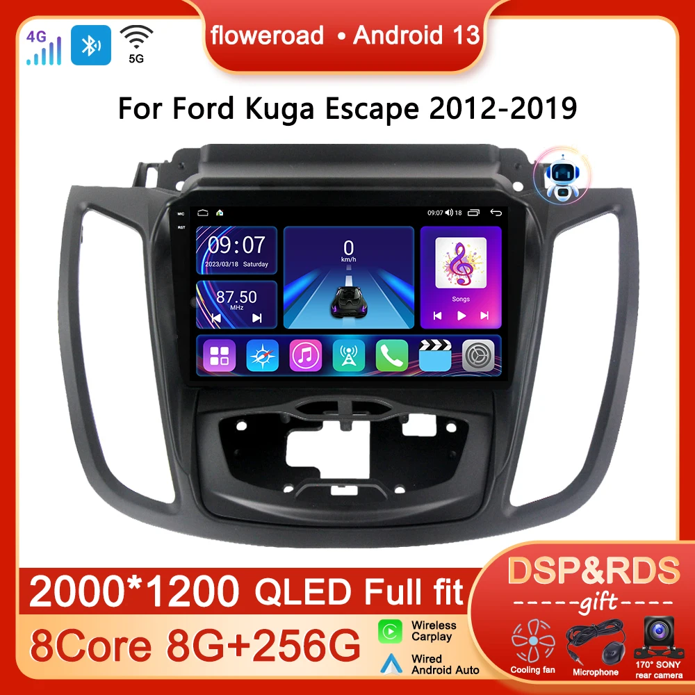 

2 Din Android For Ford Kuga Escape 2012-2019 Car Radio Multimedia Player Built-in Apple Carplay Auto GPS Stereo DVD 4G WIFI QLED