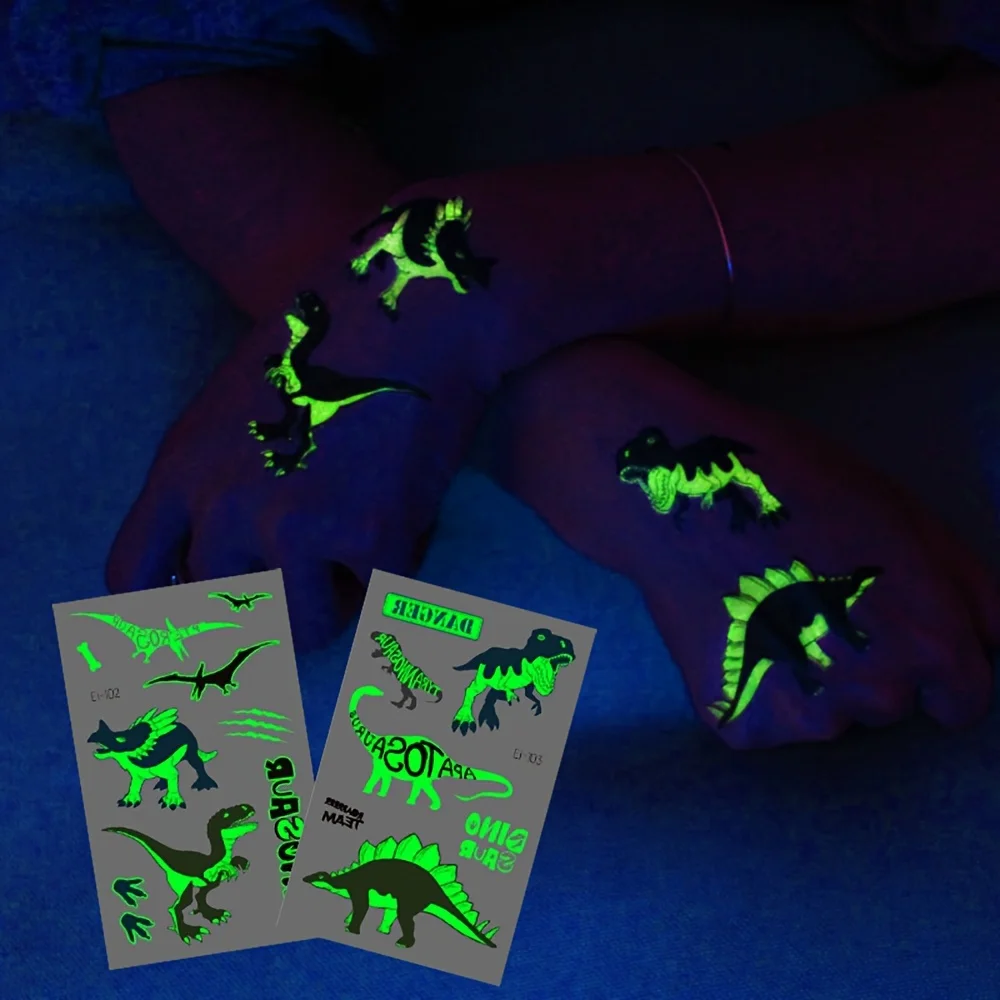 10 arkuszy świecących tatuaży tymczasowych z dinozaurami, wodoodporne, świecące w ciemności T-Rex, Pterodaktyl, Velociraptor, Triceratops, Stegozaur — zdjęcie 6