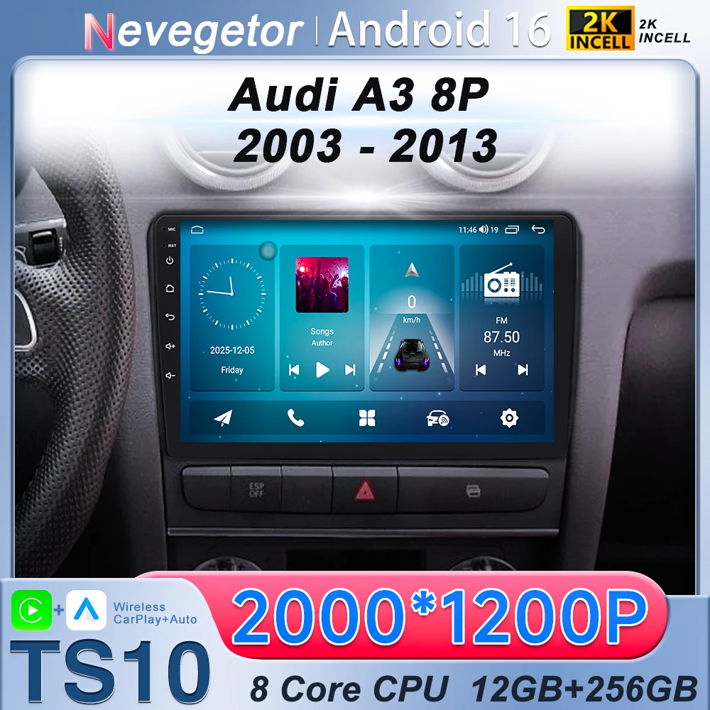 

Беспроводное радио с CarPlay и Android Auto для Audi A3 8P 2003-2013, мультимедийный проигрыватель на Android 16, GPS-автомагнитола с экраном 2K QLED