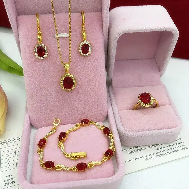 Japanese And Korean Gold-Plated Water Drop Bracelet With Red Zircon, Versatile Temperament, Vietnamese Sand Gold Jewelry Set