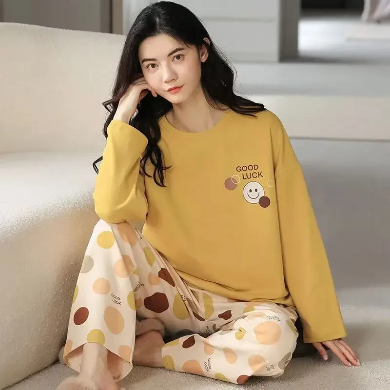 Women Pajama Sets Long Sleeve T-shirt+Pants 2Pcs Suits Cartoon Sleepwear Spring Autumn Loungewear Female Casual Home Clothes