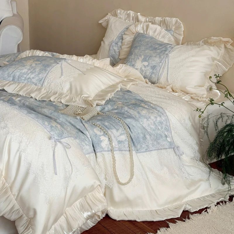 French romantic girl cotton long-staple cotton four-piece set pure cotton lace quilt cover bedding fairy