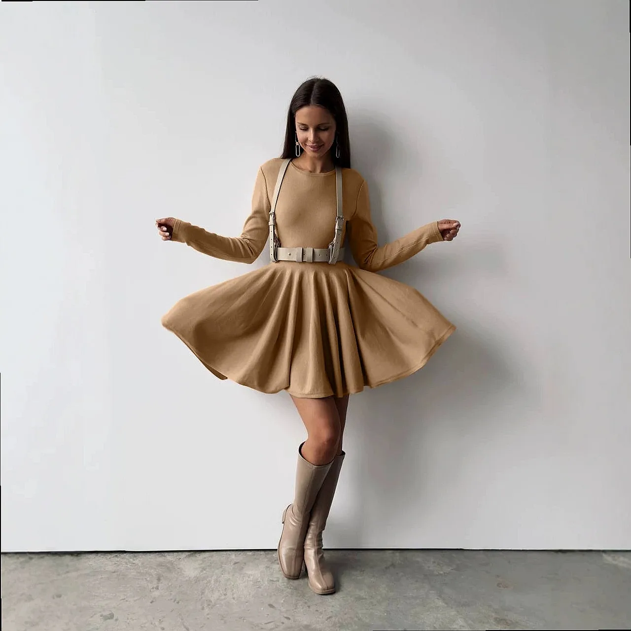 Knit Dress Women Round Neck Waist Knit Dresses Pleated Sweater Dress High Quality Spring Summer