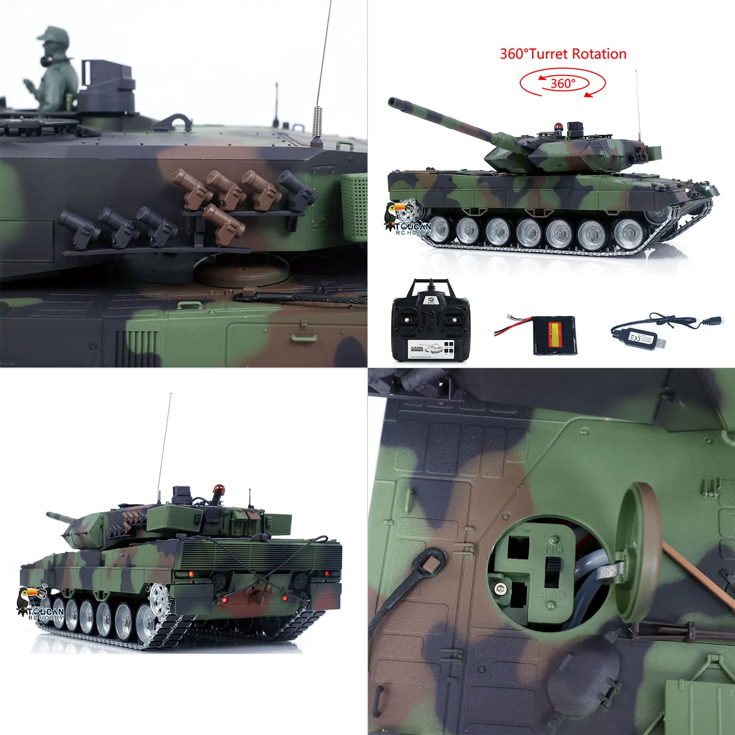 

Радиоуправляемый танк Heng Long 7.0 Leopard2A6 3889, масштаб 1/16, с полностью металлическим шасси, ИК-имитацией отдачи ствола, стальным редуктором, модель RC Panzer Toys