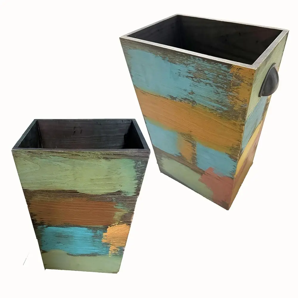 

2 Pack Wood Trash Can, 1.5/2.5 Gallon Vintage Garbage Can, Multi-Color Rectangular Waste Basket with Rustic Metal Handle, Sma