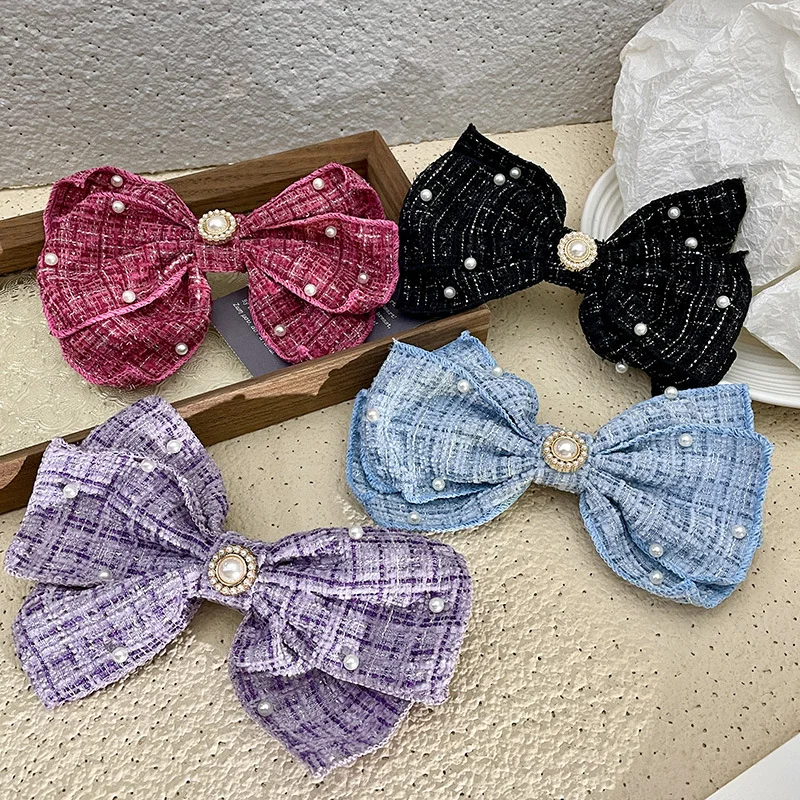 

Korean Style Plaid Fabric Bow Hair Clip with Handmade Beading Three-Layer Oversized Spring Clip Women's Elegant Hair Accessories