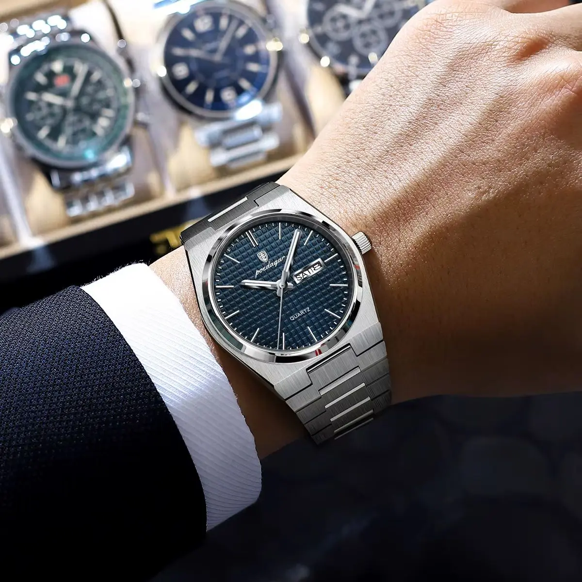 POEDAGAR ساعة يد رجالية فاخرة مقاومة للماء من الفولاذ المقاوم للصدأ ساعة يد رجالية مضيئة للتاريخ والأسبوع ساعات رجالية كوارتز للأعمال