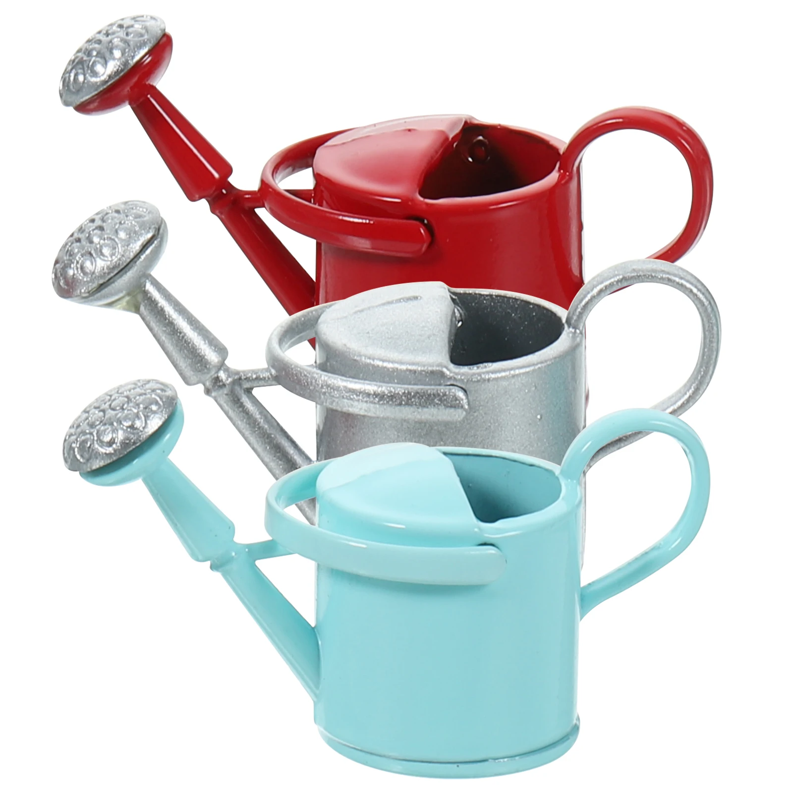 

3pcs Mini Gardening Kettle Small Watering Bucket Candy Blue Red Silver Dollhouse Toy Plant Water Can Simulation Furniture