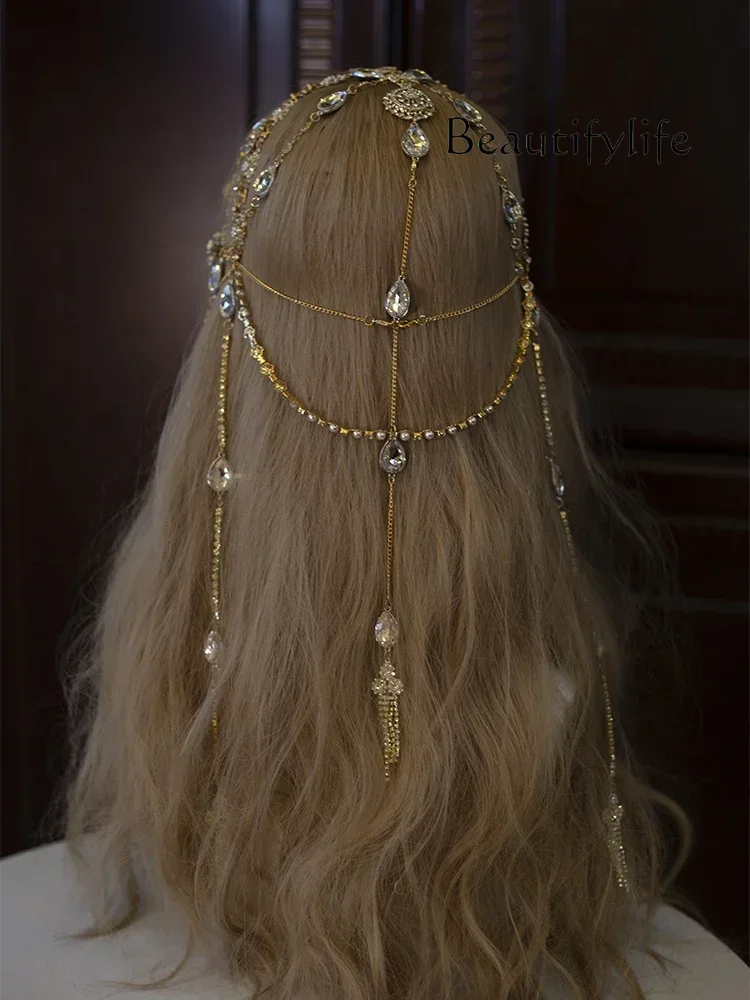 BJ BJ Headdress Korean Style Photo Fairy Crystal Tassel Bridal Wedding Hair Accessories Rhinestone Forehead Diamond Forehead Or