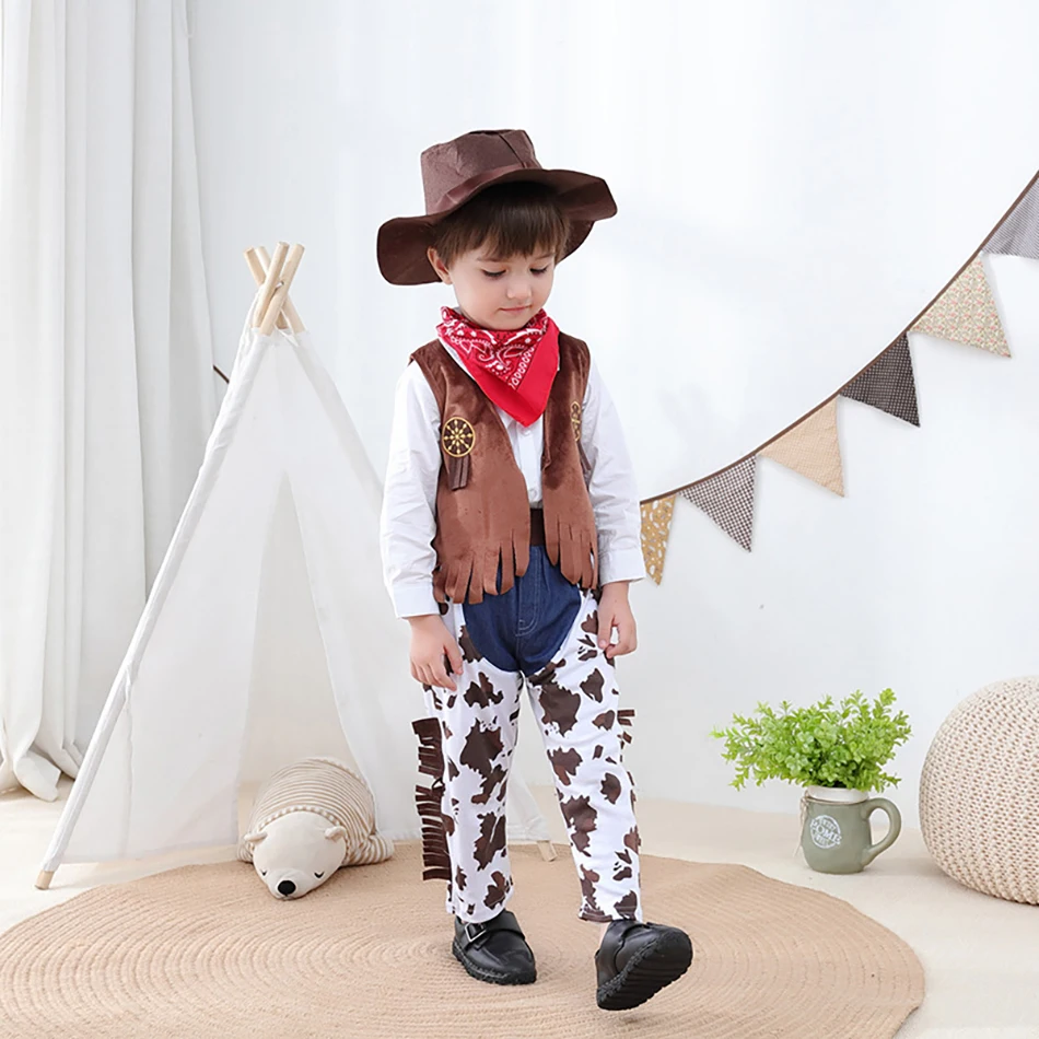 

4/5 Pcs Set Kids Western Cowboy Boys Girls Halloween Cosplay Costumes Sets Spring Autumn Role Play Outfit Children Stage Wear