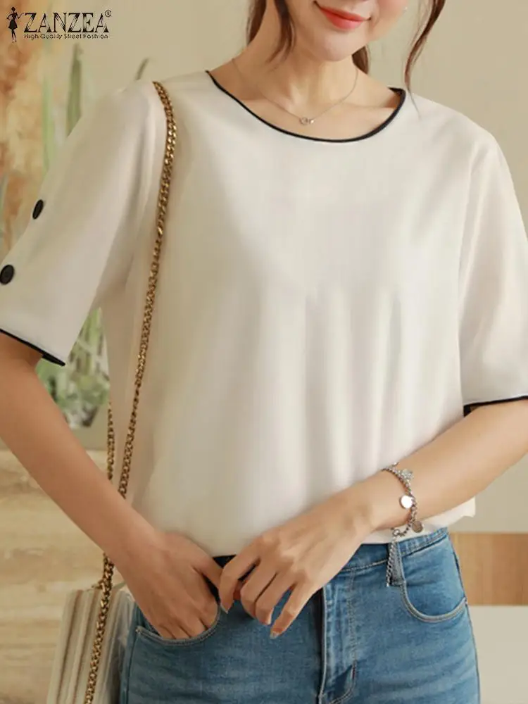 ZANZEA Elegant Simple Women Blouse Korean Office Basic Tops 2024 Summer Casual Blusas Fashion Vintage Buttons Short Sleeve Shirt